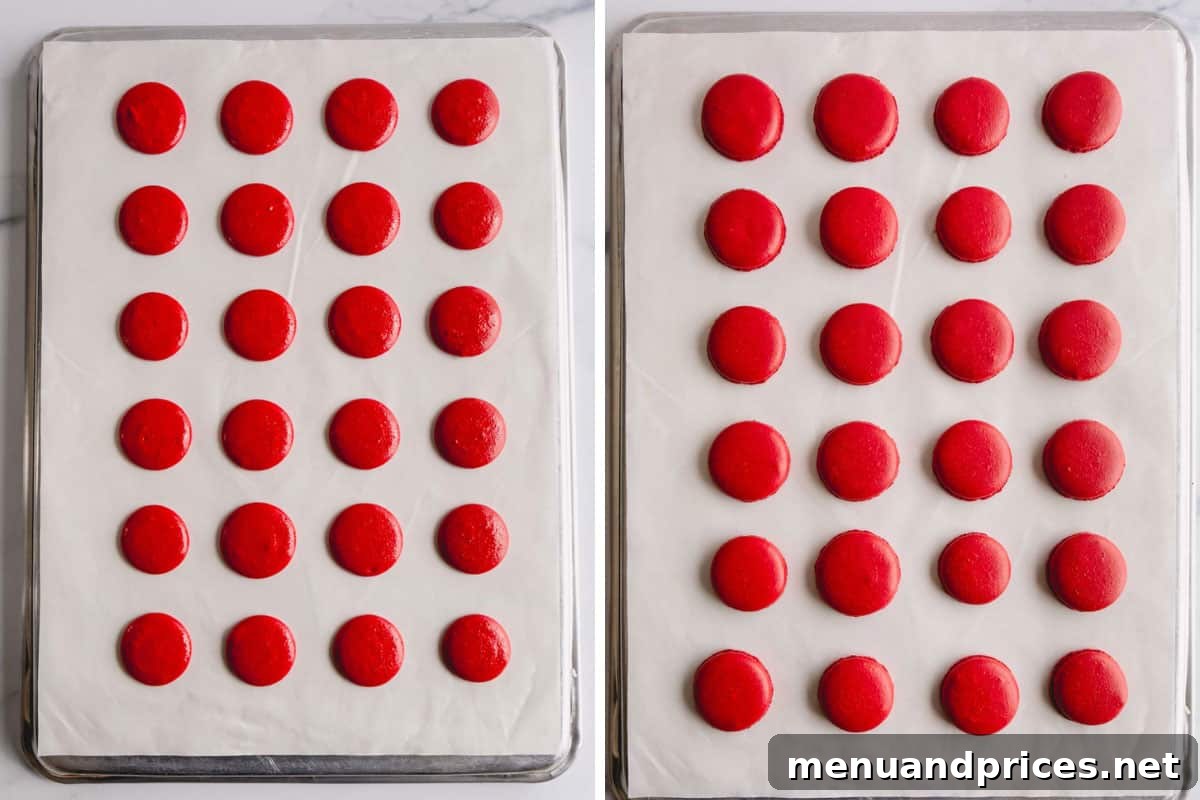 Side by side images of piped macaron shells on a baking sheet before and after baking, showing the development of 'feet'.