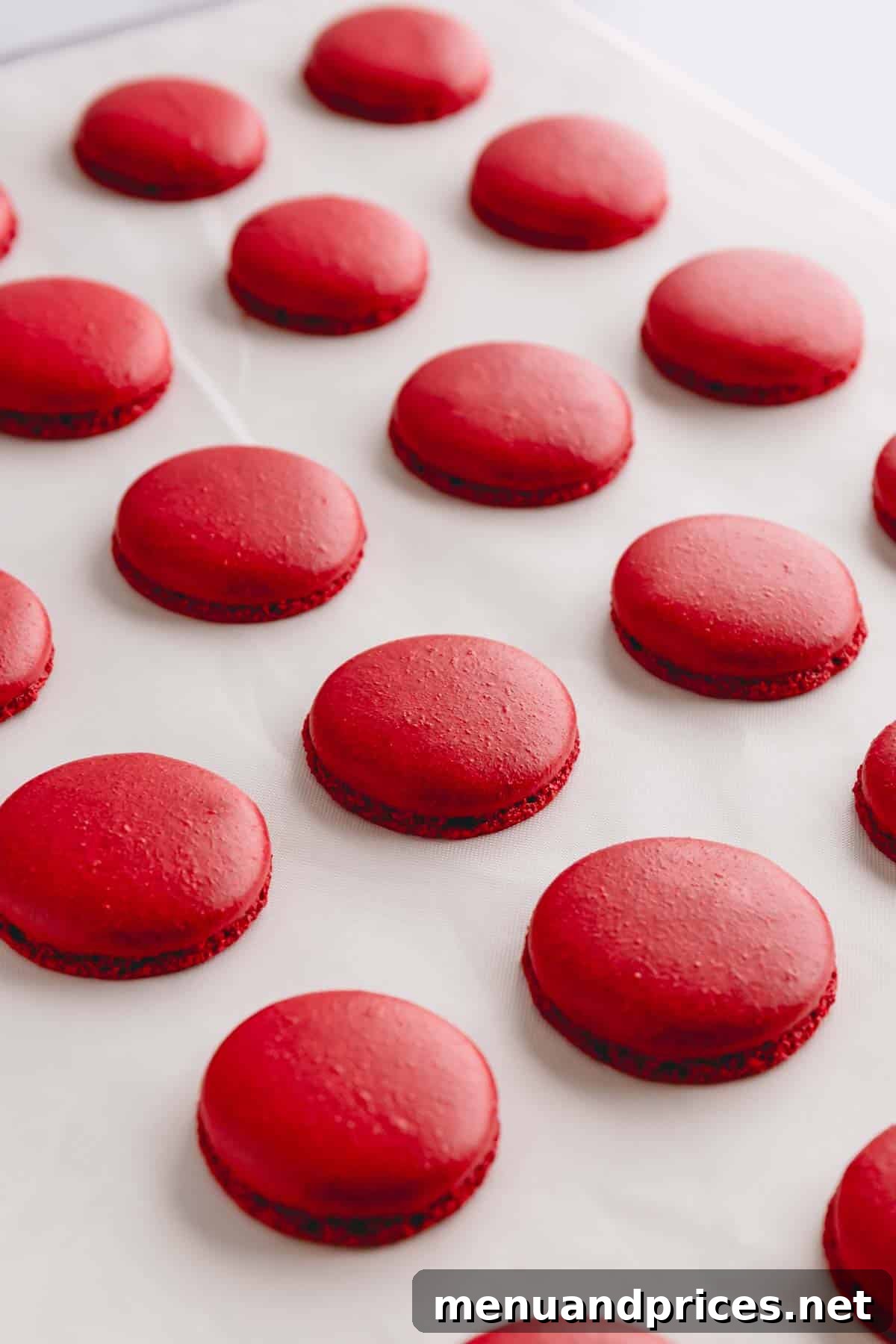 Baked red velvet macaron shells on a white teflon mat, showing their perfect shape and color.