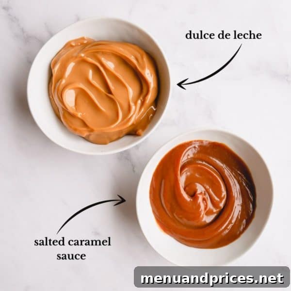 Gourmet Chocolate Caramel Indulgence 4 Two separate bowls, one containing a rich caramel sauce and the other a creamy dulce de leche, showcasing their distinct colors and textures.