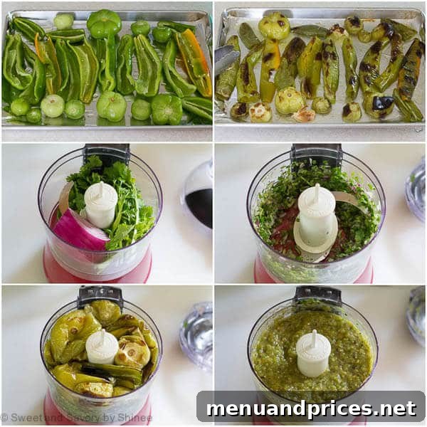 Ember-Kissed Tomatillo Salsa 4 Six sequential images demonstrating the process of making charred tomatillo salsa verde, from roasting ingredients to blending them in a food processor.