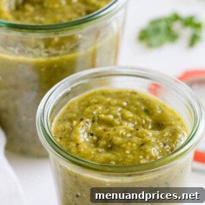 Charred Tomatillo Salsa Verde in a bowl with chips