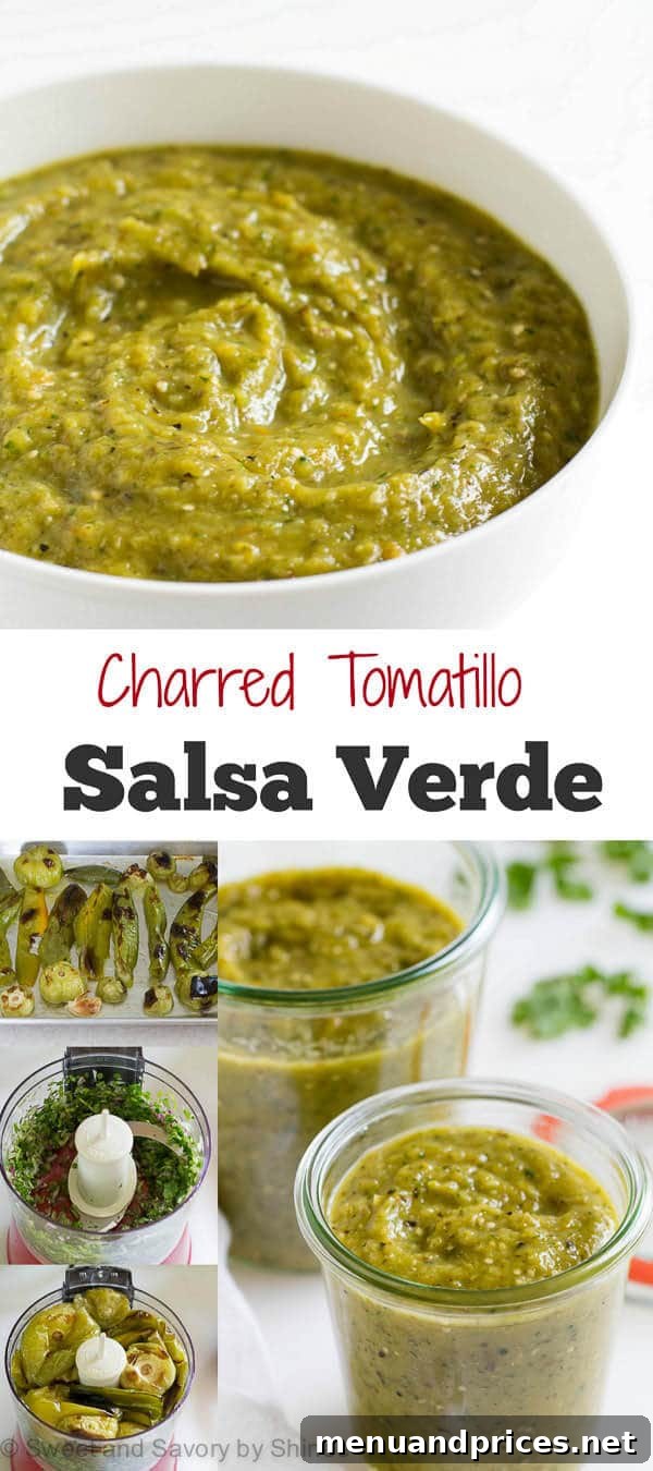 Ember-Kissed Tomatillo Salsa 8 Pinterest pin for charred tomatillo salsa verde with three enticing images of the salsa and its ingredients.