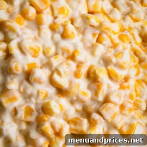 Close up of perfectly cooked creamed corn, ready to be served.