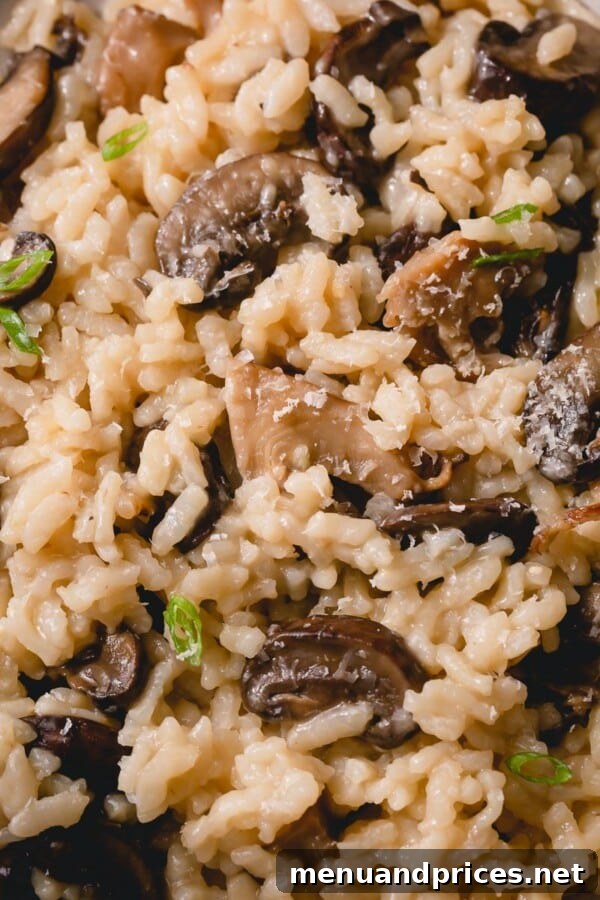Easy Creamy Instant Pot Mushroom Risotto 3 Close-up shot of Instant Pot Mushroom Risotto in a bowl, highlighting its creamy texture.