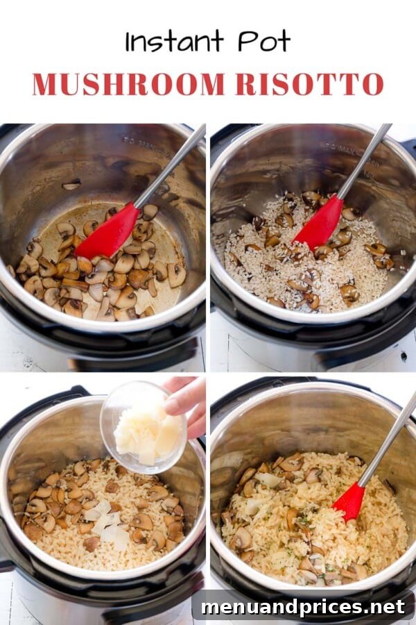 Easy Creamy Instant Pot Mushroom Risotto 4 A bowl of creamy mushroom risotto garnished with fresh herbs, ready to be served.
