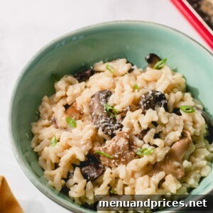 A close-up of the finished Instant Pot Mushroom Risotto.