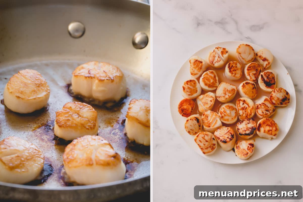 Tequila Lime Glazed Scallop Pasta 5 Side-by-side images depicting the searing process of scallops: one showing scallops in a hot pan, and the other displaying them after being perfectly flipped to reveal a golden crust.