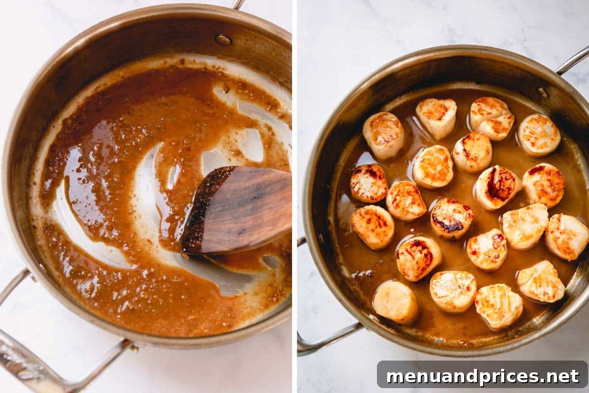 Tequila Lime Glazed Scallop Pasta 6 Side-by-side images showing the preparation of tequila lime sauce in a skillet: one image shows the addition of tequila and lime juice, and the other shows the sauce simmering with butter.
