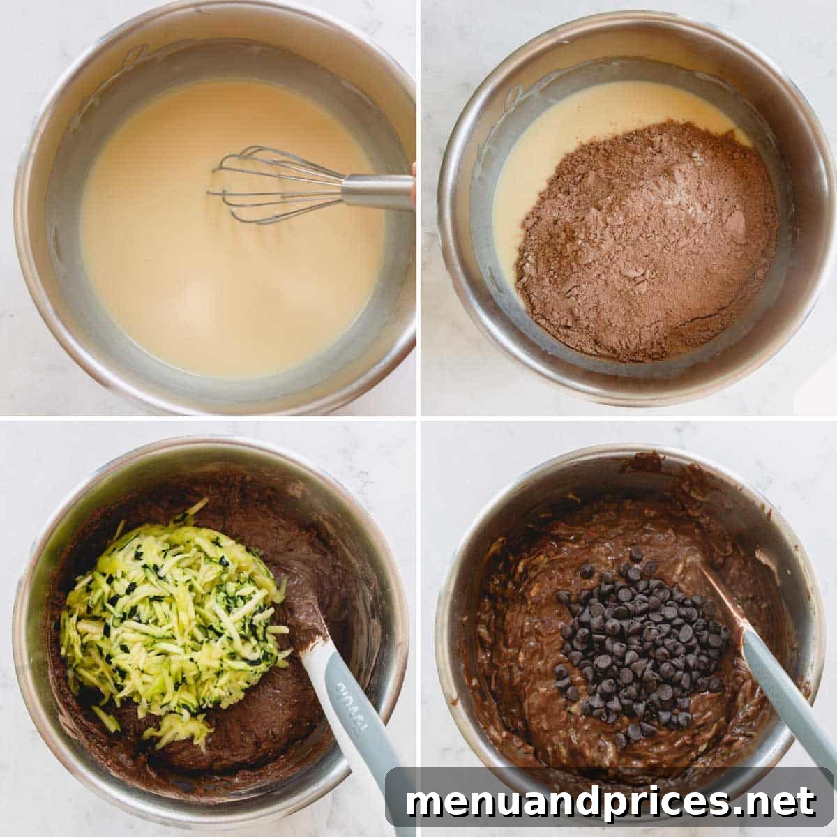 Fudgy Chocolate Zucchini Sheet Cake 5 A collage of four images showing the process of combining chocolate zucchini cake batter ingredients: wet into dry, adding zucchini, adding chocolate, and the final mixed batter.