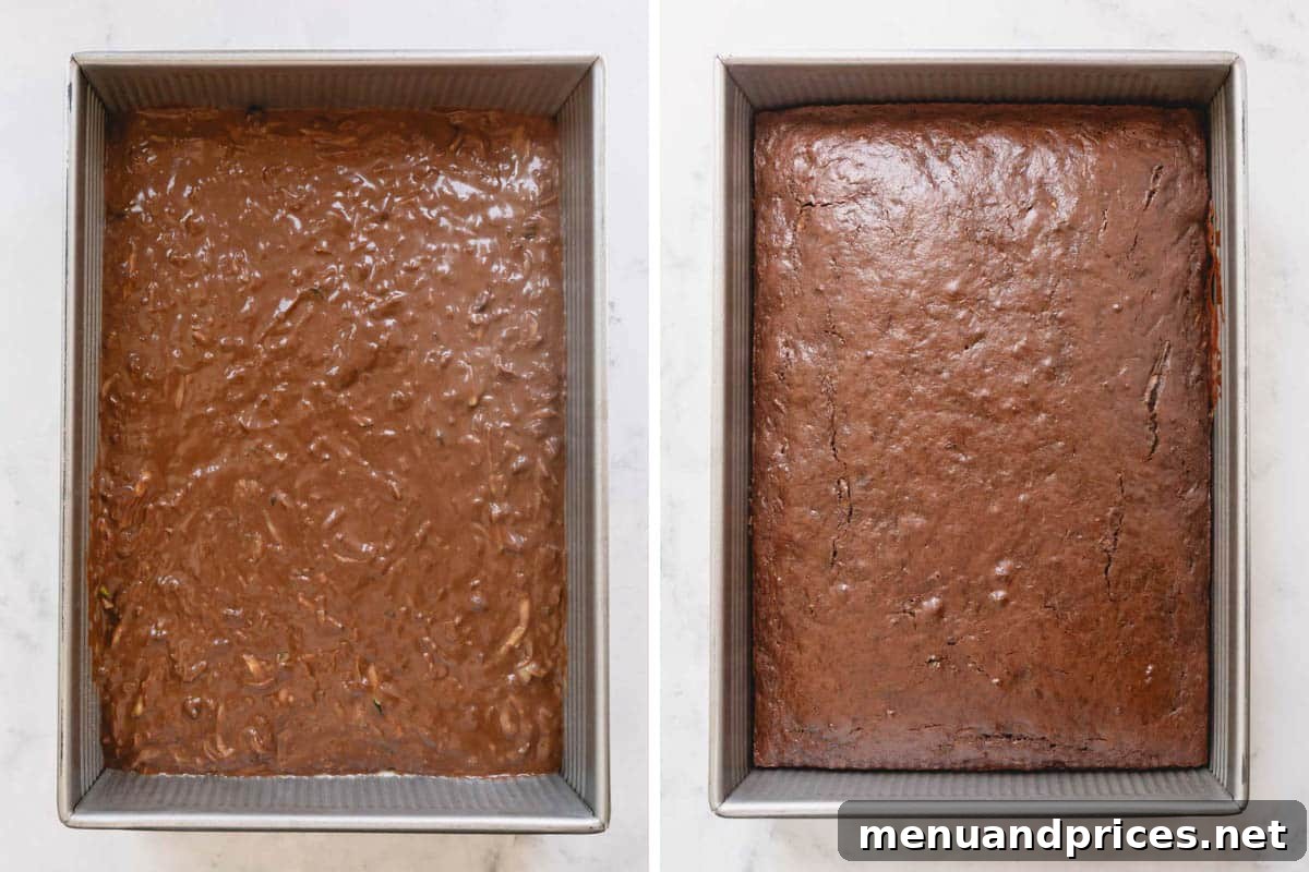 Fudgy Chocolate Zucchini Sheet Cake 6 Two images: one showing the unbaked double chocolate zucchini cake batter in a pan, and the other showing the baked cake cooling.