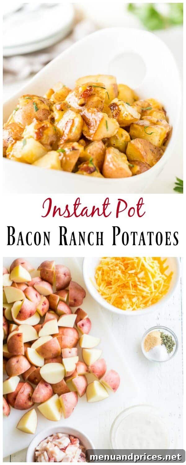 Full spread of Instant Pot Bacon Ranch Potatoes in a serving dish