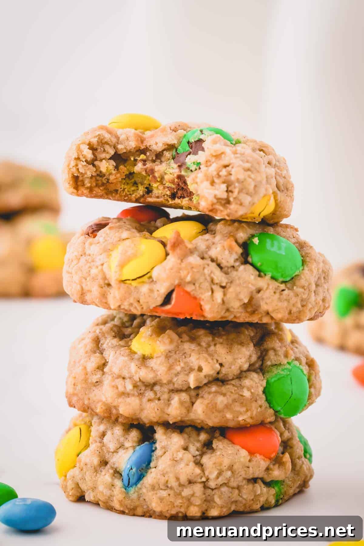 A tall, enticing stack of golden-brown instant oatmeal cookies, perfectly baked and ready to be enjoyed, suggesting their deliciousness and abundance.