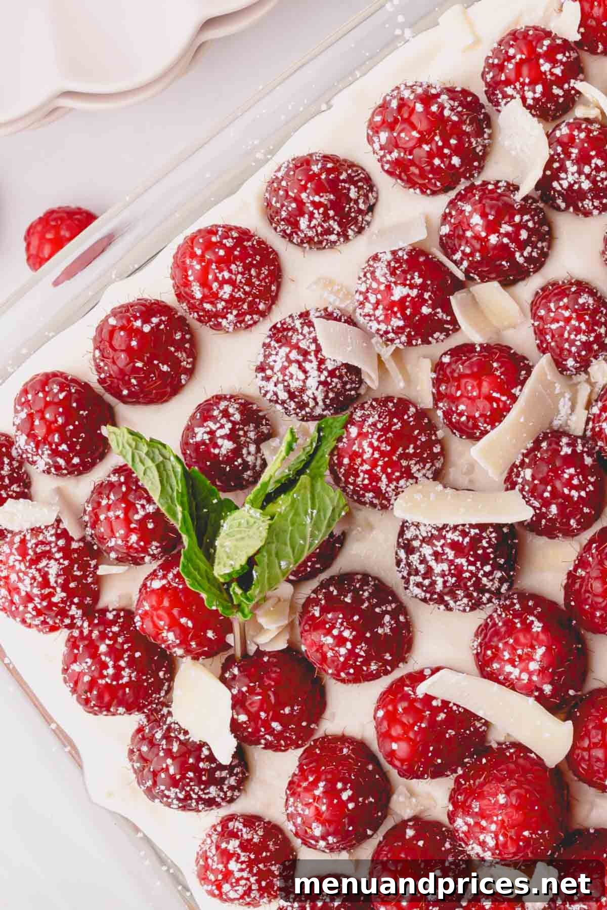 Overhead view of raspberry tiramisu in a glass baking dish, beautifully garnished.