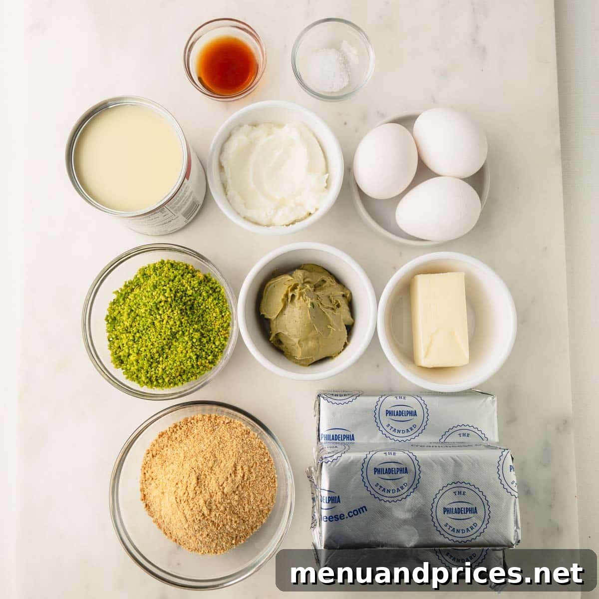 Image if pistachio cheesecake ingredients.